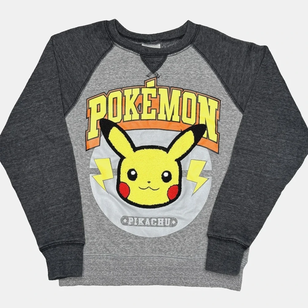 Vtg 90s Pokemon Pikachu Sweatshirt Boys Sz XS Gray Black Raglan Crewneck Graphic